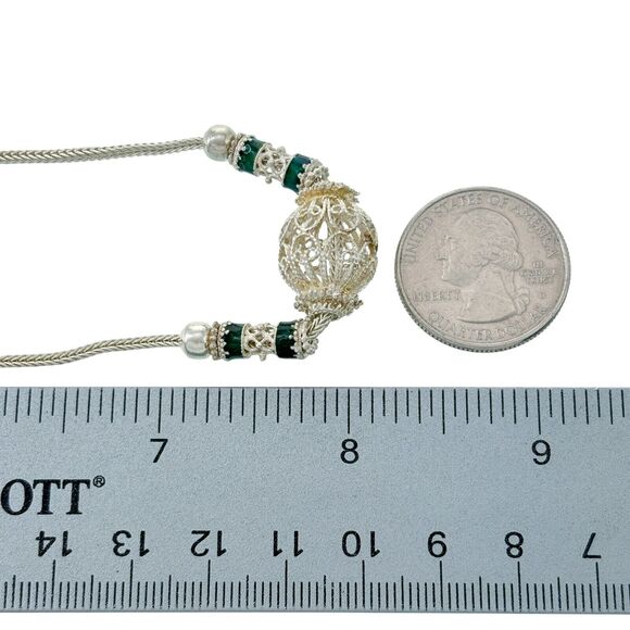 Vintage Artisan Sterling Silver 925 Green Enamel Beaded Wheat Chain Necklace 16" - Picture 4 of 5